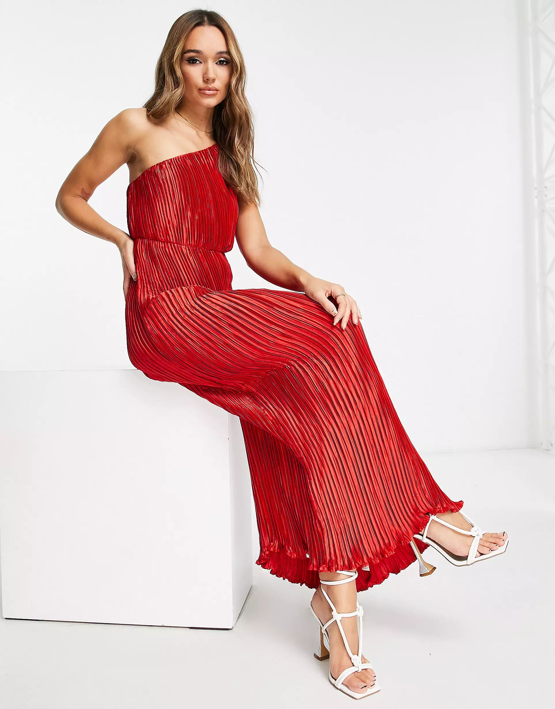 ASOS DESIGN satin one shoulder pleat detail midaxi dress in red | ASOS (Global)