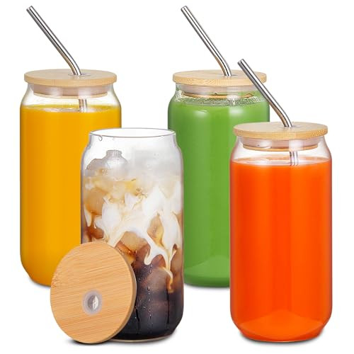 DESIYUE 4PCS Glass Cups with Lids and Straws,16OZ Beer Can Shaped Drinking Glasses Set, Iced Coffee Glasses with Bamboo Lids and Stainless Steel Straws, Glass Can Coffee Cups, Drinking Glassware Set | Amazon (US)