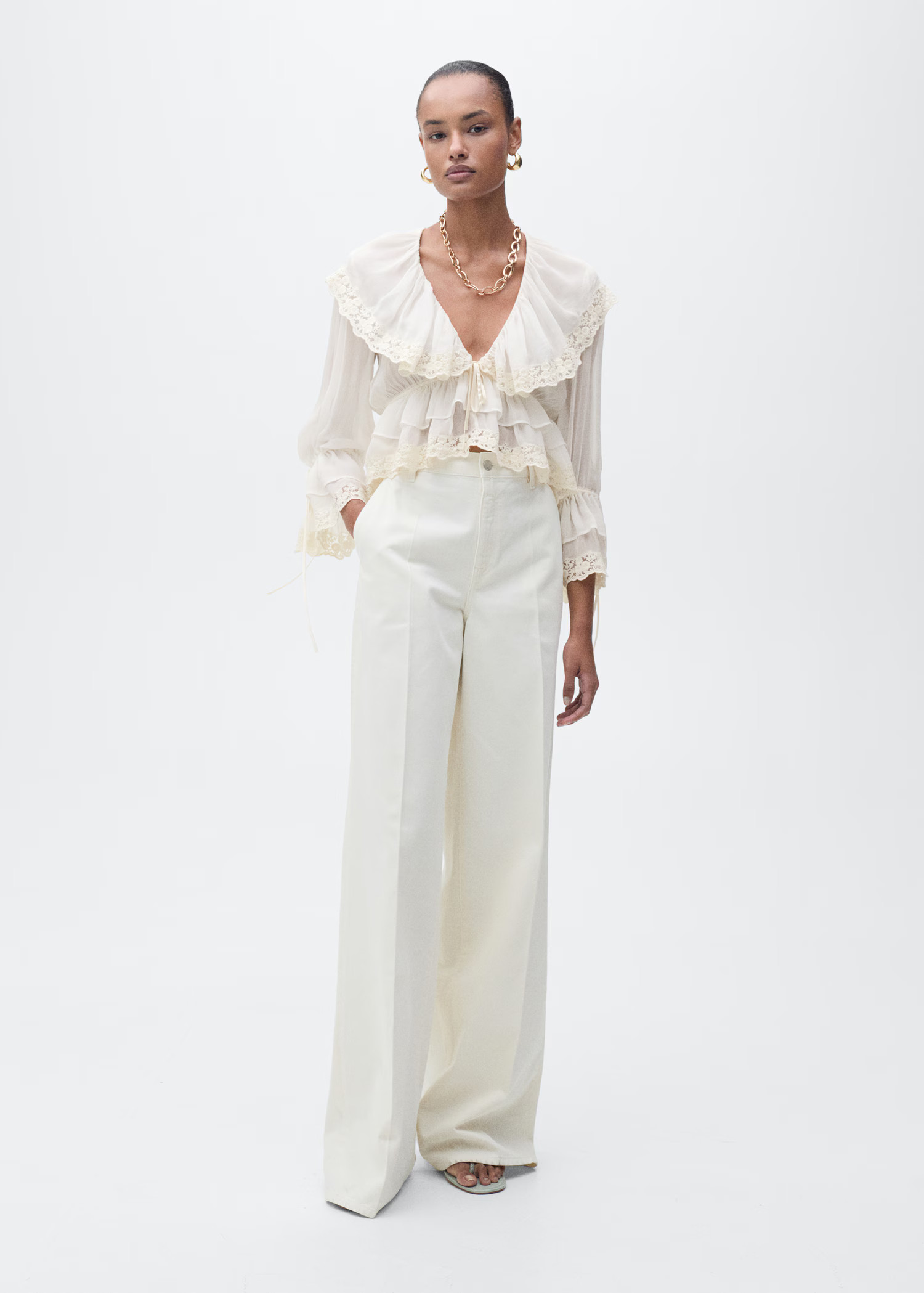 Blouse with ruffles and lace details - Women | MANGO United Kingdom | MANGO (UK)