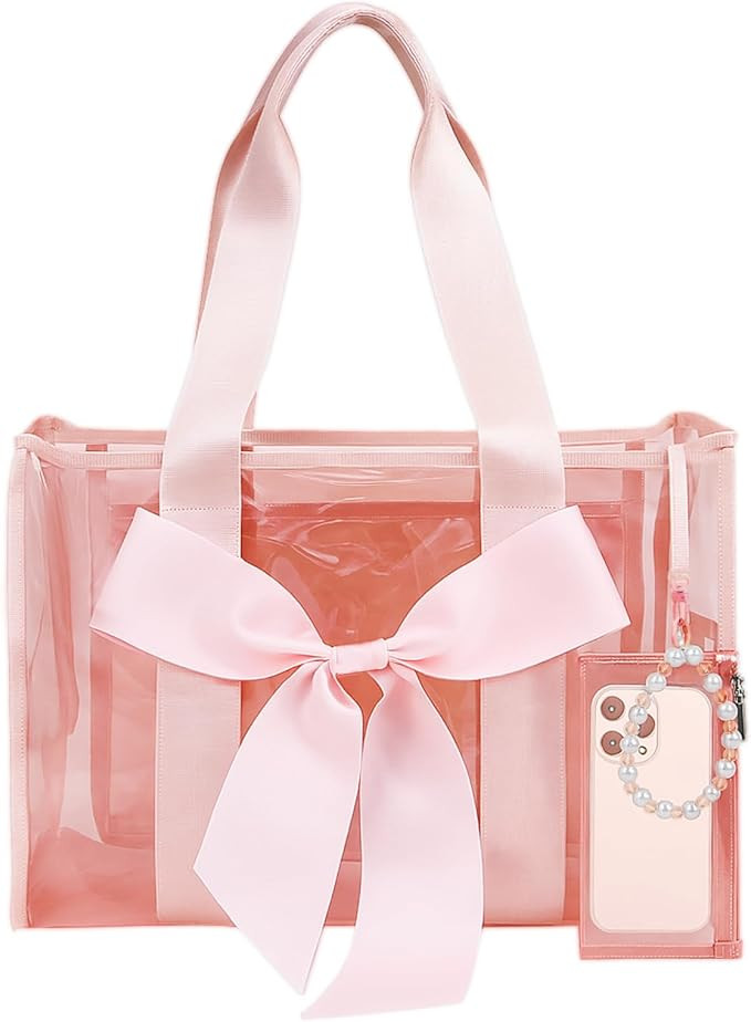 Jelly Tote Bag,Beach Tote Bag for Women,Pink Beach Bag with Bow,Large Waterproof Zipper Bag | Amazon (US)