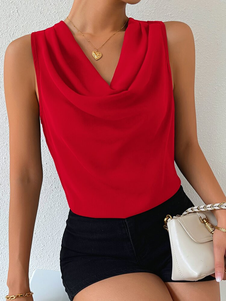 Solid Draped Collar Sleeveless Blouse | SHEIN