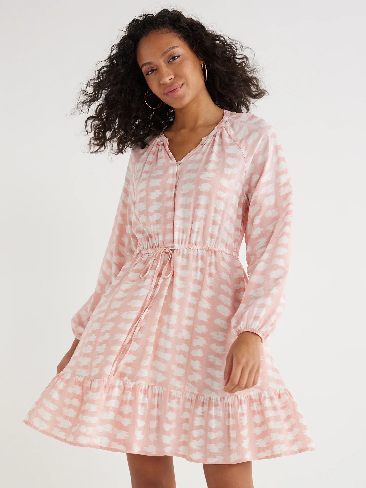 Time and Tru Women's Drawstring Mini Dress with Long Sleeves, Sizes S-XXXL - Walmart.com | Walmart (US)