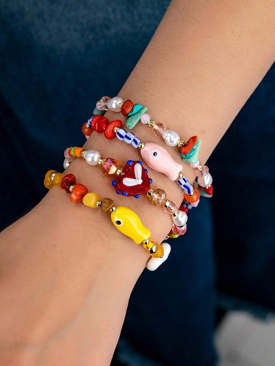 4pcs/Set Glass Beads Bracelets, Boho Handmade Ceramic Fish Bead Bracelets Set For Women, Spring/S... | SHEIN