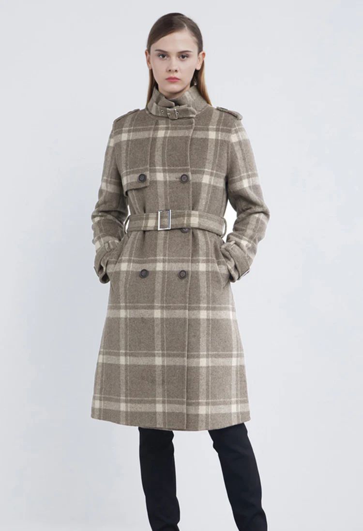 Stand-Up Collar Check Double-Breasted Waist Long Woolen Coat | SDEER