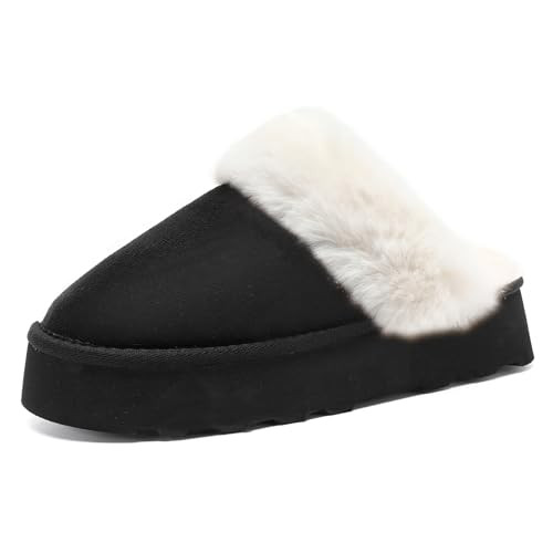 Guyarns Platform Slippers for Women,Fuzzy Rhinestone Womens Slippers Indoor and Outdoor Soft Memory Foam Slippers Fur Fleece Lined Anti-Slip House Shoes(Black 40/41) | Amazon (US)