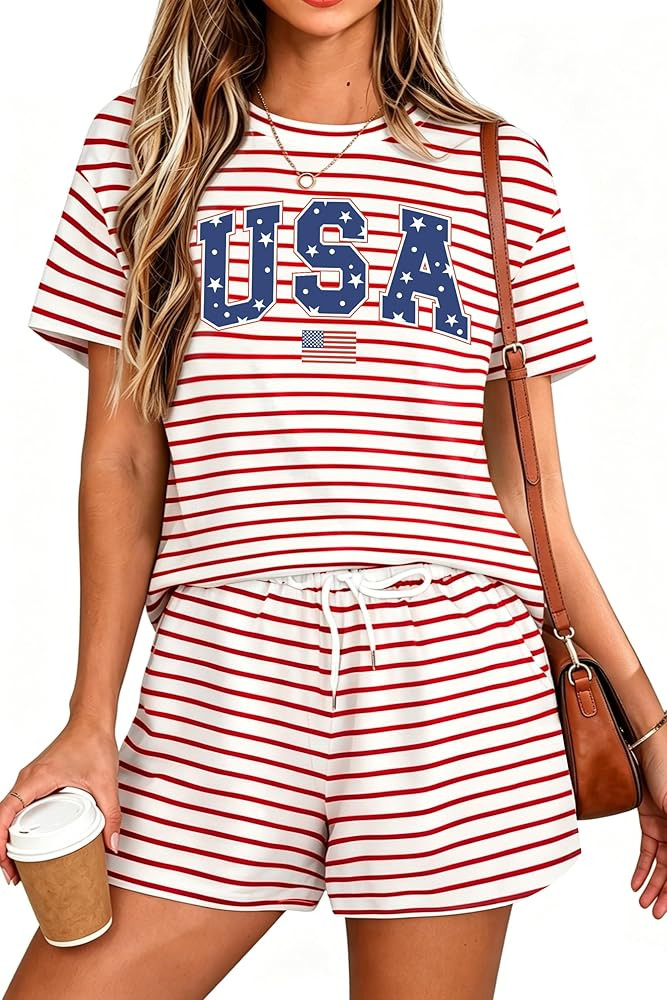 CAZYCHILD 4th of July USA 2 Piece Outfits Women American Flag Shirts Sequin Stars and Stripes Lou... | Amazon (US)