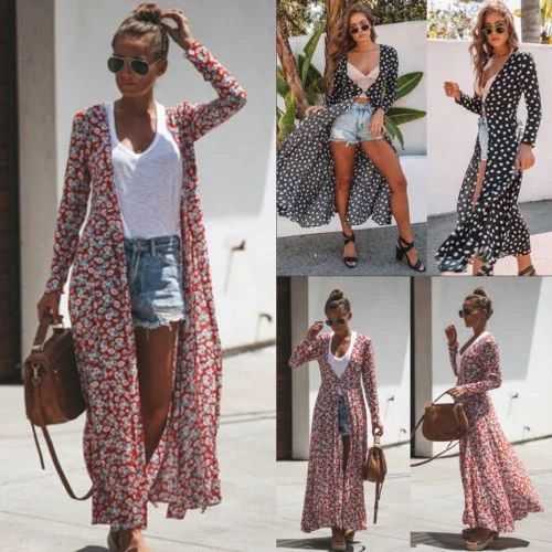 Women's Kimono Beach Floral Print Boho Summer Cover Up Sleeve Maxi Long Dress | Walmart (US)