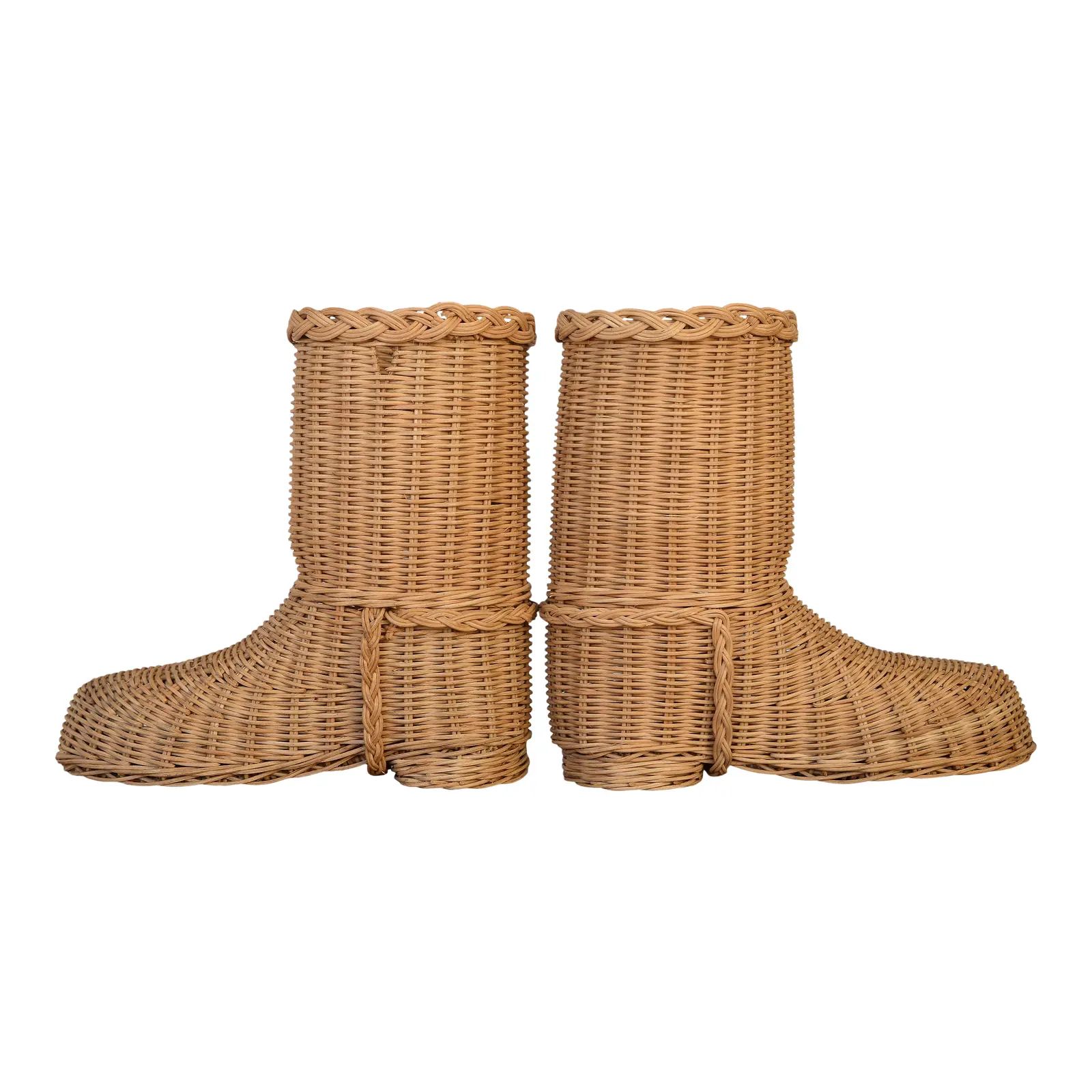 1970s Decorative Wicker Boots Shoes - a Pair | Chairish