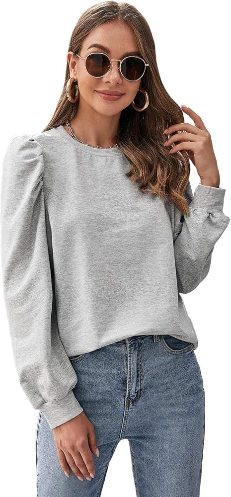 Romwe Women's Casual Puff Long Sleeve Crewneck Solid Sweatshirt Pullover | Amazon (US)