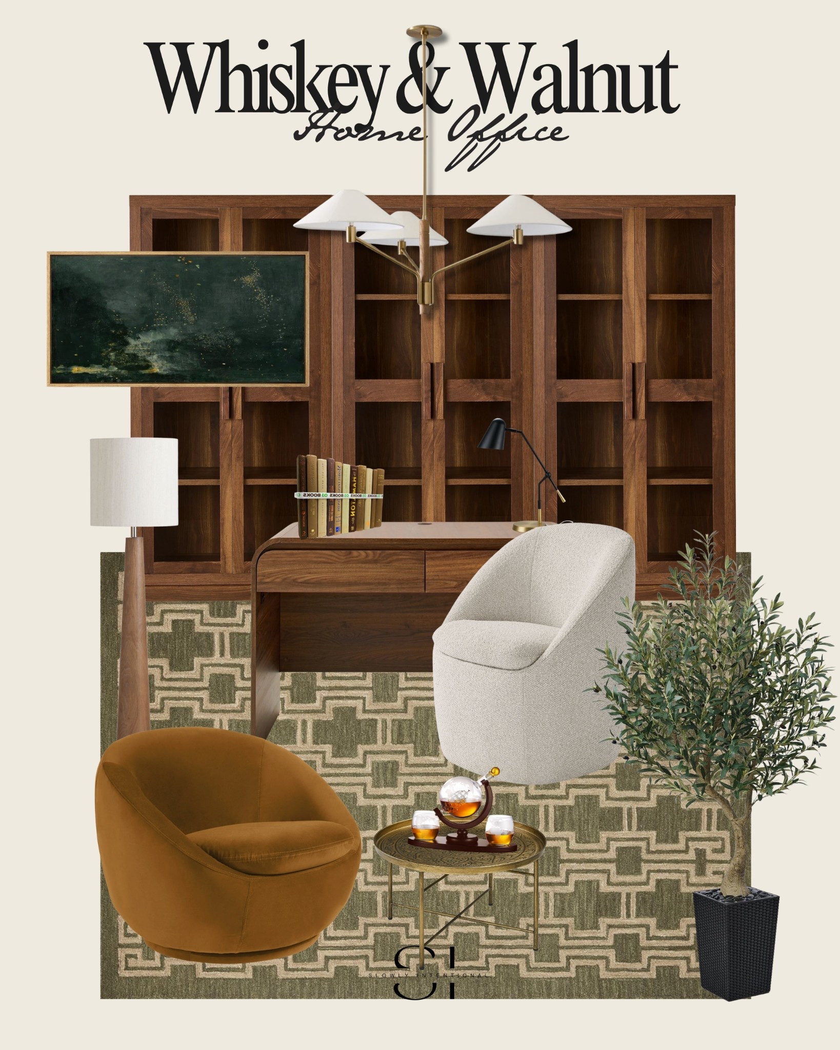 Whiskey & Walnut is the kind of office that smells like ambition and good decisions. Deep wood tones, sculptural lighting, and cozy-but-not-too-casual seating make this moodboard perfect for the slow-paced strategist who likes their workspace layered, grounded, and grown-up. That rust velvet chair? A little vintage glam. The olive-toned rug? Classic with a twist. And yes, that’s an abstract painting that feels like it has a backstory.

This look works whether you’re building empires or organizing PTA bake sales like a boss. Tap to shop the vibe and create your own little haven of calm productivity.

masculine office moodboard | warm wood home office | slow home workspace | rust velvet chair | olive green rug | modern traditional design | walnut office furniture | cozy executive office | interior design inspiration | office decor LTK

#LTKHome