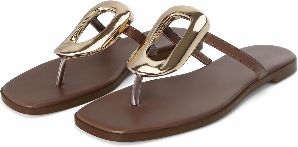 Flip-Flops for Women Thong Sandals Flat Black Slip on Slides Leather Beach Comfort Open Square To... | Amazon (US)