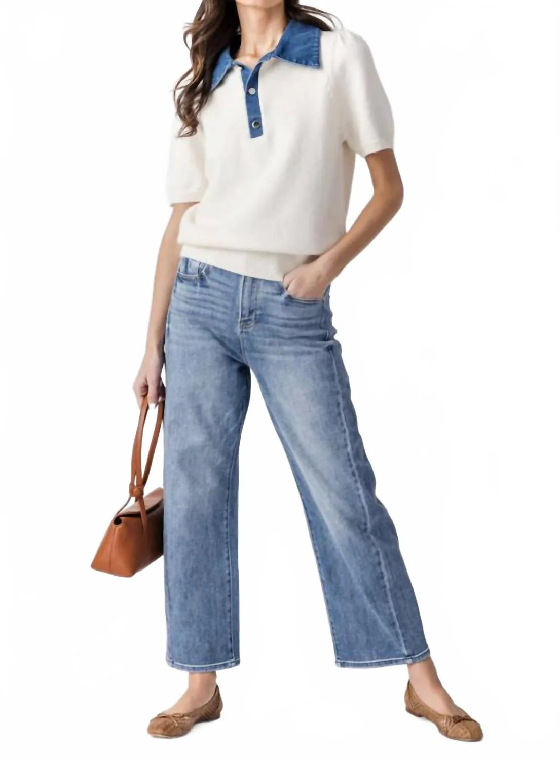 Denim Collar Knit Sweater In White | Shop Simon