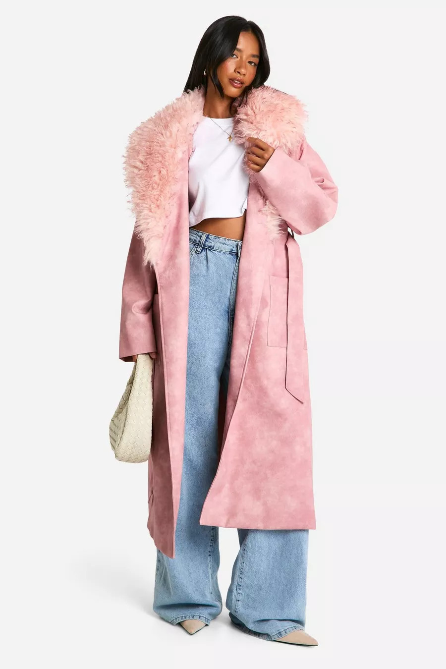 Petite Faux Fur Collar Vintage Look Faux Leather Trench Coat | boohoo (US & Canada)