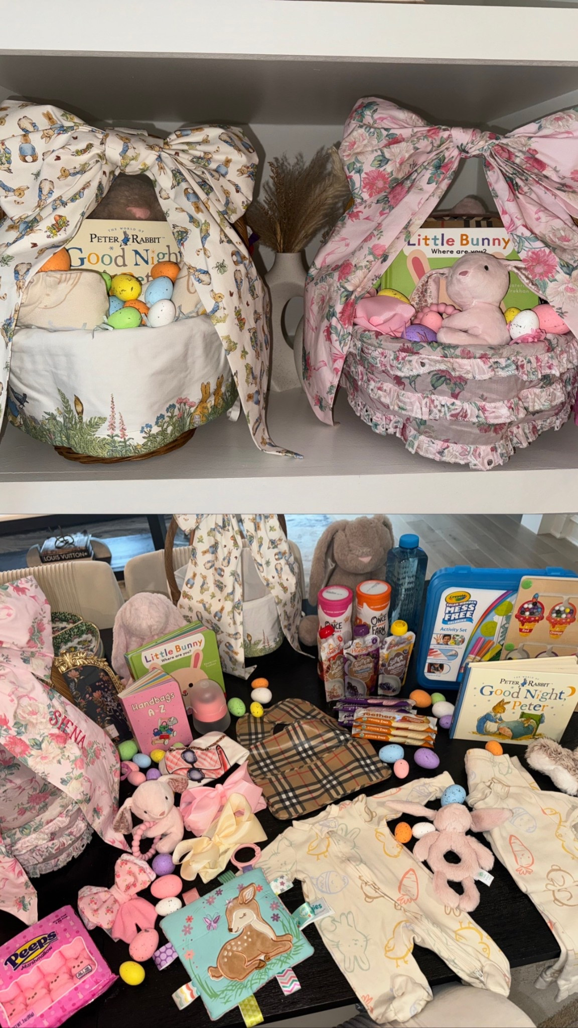 🌸🐰 Sharing everything inside my bunnies’, Siena (2.5 weeks old) and JJ’s (2 years old), baskets this year:

🎀 Baskets + liners
• Siena’s floral bow basket liner (Loveshackfancy inspired)
• JJ’s Peter Rabbit basket liner
• Personalized bows by PBK

👶 Matching Easter pajamas for both kids

📚 Books
• Little Bunny: Where Are You?
• Good Night, Peter
• Handbags A-Z board book

🧸 Toys + activities
• Bunny plush toys + bunny lovey
• Pink bunny teether
• Deer crinkle sensory book
• Wooden bead puzzle/activity board
• Crayola Color Wonder mess-free coloring set
• Blue Bubbles bubble solution

🍓 Organic snacks
• Happy Baby organic teethers
• Once Upon a Farm puffs
• Organic fruit + veggie pouches

A mix of spring books, cozy jammies, sensory toys, and a few organic snacks for their Easter baskets this year 💛 

#LTKBaby #LTKKids #LTKSeasonal