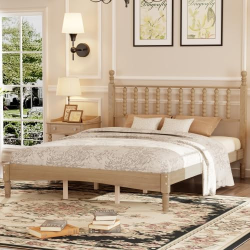 Queen Size Platform Bed with Gourd Shaped Headboard, Retro Wood Queen Bed Frame with Under Bed St... | Amazon (US)