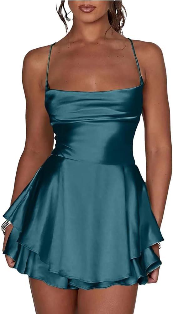Verngo Satin Short Homecoming Dresses Spaghetti Strap A Line Ruffle Mini HOCO Dress for Teens | Amazon (US)