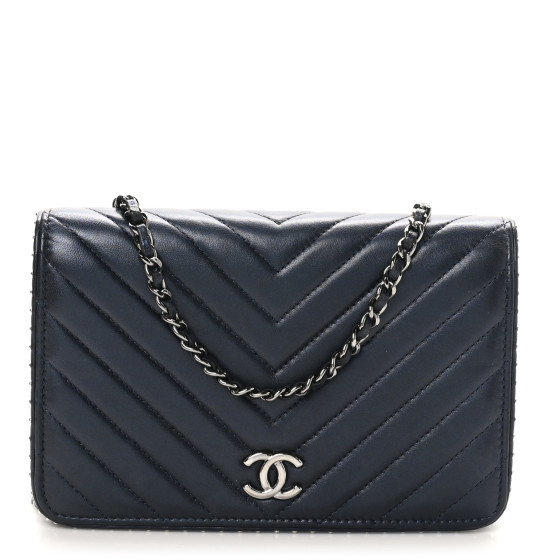 Lambskin Chevron Quilted Studded Wallet On Chain WOC Navy | FASHIONPHILE (US)