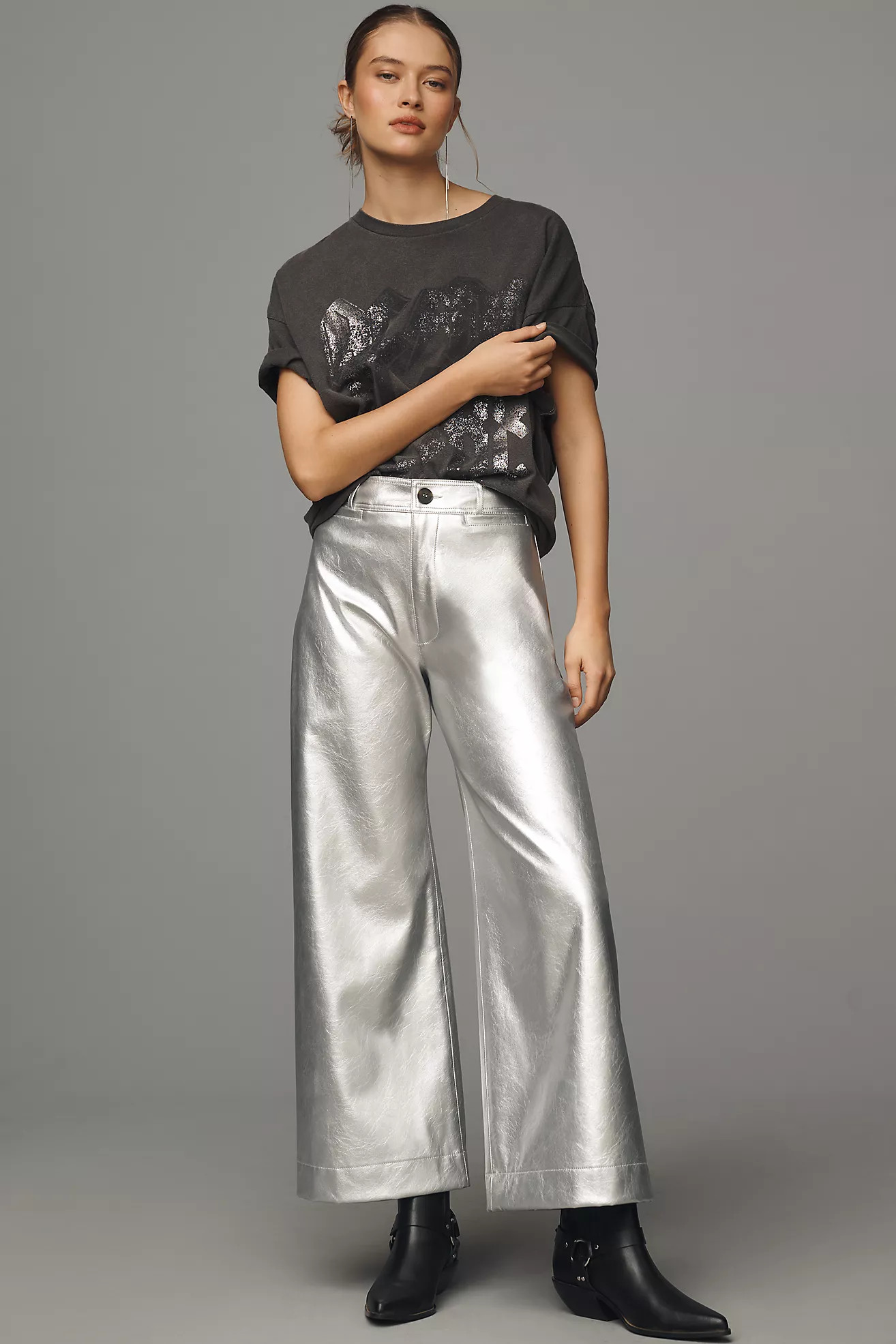The Ettie High-Rise Crop Wide-Leg Pants by Maeve: Metallic Faux-Leather Edition | Anthropologie (US)
