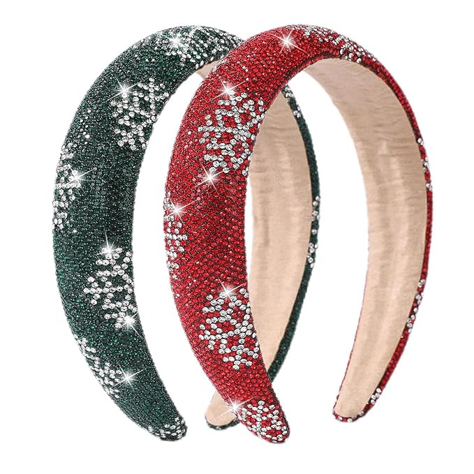 2 Pack Christmas Rhinestone Headbands for Women – Sparkling Snowflake Padded Hair Hoop in Red &... | Amazon (US)