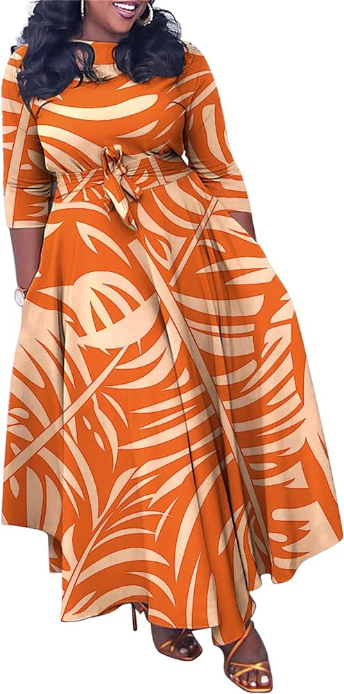 Casual Floral Print Plus Size Maxi Dress for Women 3/4 Sleeve High Waist Flowy Ruffle Fall Dresse... | Amazon (US)