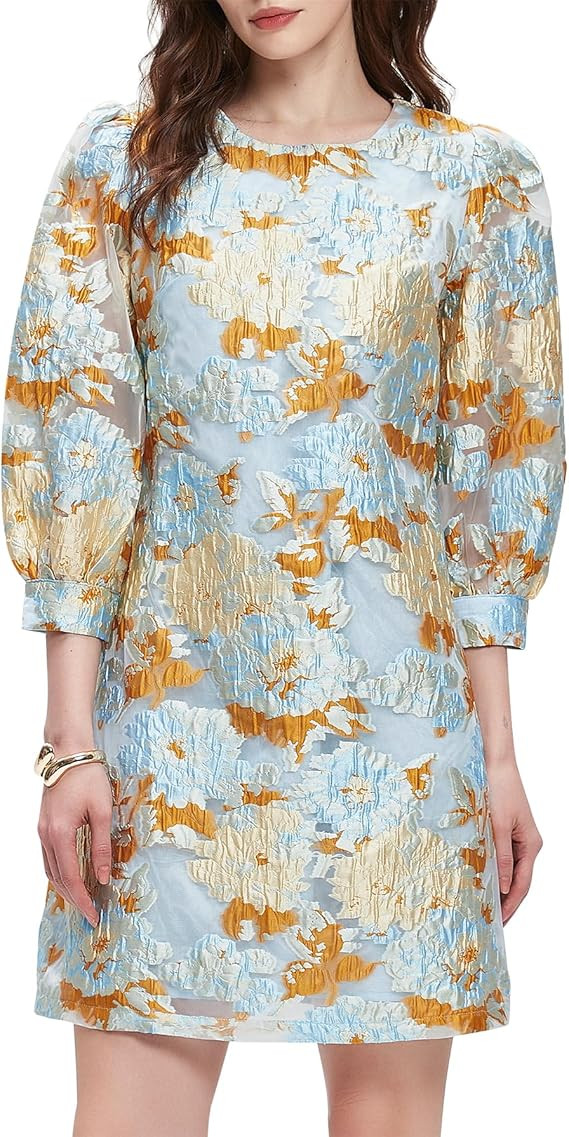 Kedera Women's Jacquard Dress Long Puff Sleeves Shift Mini Elegant Floral Dress Summer Business | Amazon (US)