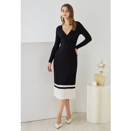 Soft Knit Contrast Hem Wrap Midi Dress in Black | Chicwish