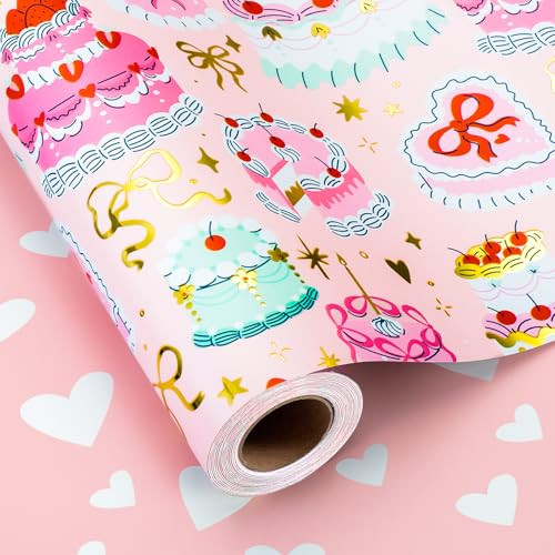 Homeral Birthday Cake Wrapping Paper Roll - Pink Cakes with Gold Metallic Foil & Heart Pattern, R... | Amazon (US)