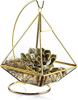 KooK Geometric Pyramid Hanging Terrarium with Stand - Gold | Amazon (US)