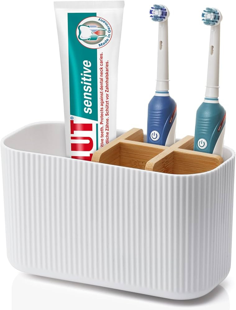 White Toothbrush Holder - Bamboo Toothbrush Holders for Bathrooms Electric Toothbrush Holder Orga... | Amazon (US)