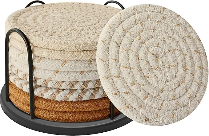 Coasters Set of 8 for Drinks, Beer, Coffee, Cotton Woven 4 Colors Absorbent Coaster with Holder, ... | Amazon (US)