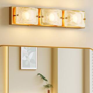 22.1 in. 3-Light Gold Integrated LED 3 CCT Dimmable Vanity Light with Textured Glass Shade for Bathroom, Bedroom | The Home Depot