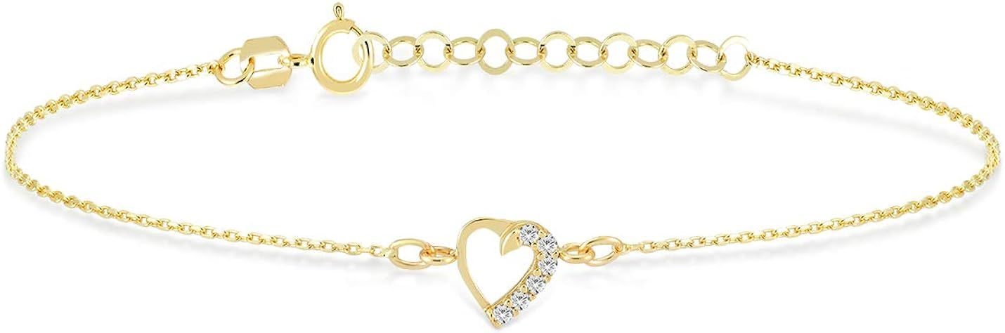 Diamond Open Heart Bracelet for Women | 14k Real Gold Heart Shaped Bracelet | 14k Solid Gold Dain... | Amazon (US)