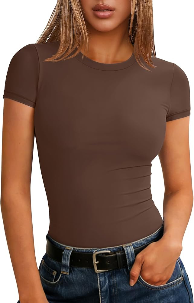 ANRABESS Women Short Sleeve Tops Summer 2026 Double Lined Crewneck T Shirt Basic Tight Workout Te... | Amazon (US)