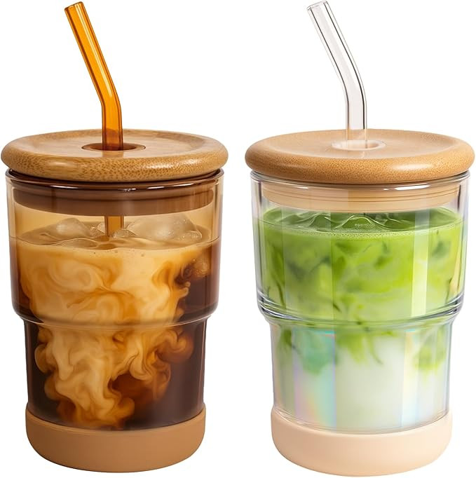 Zukro 13 oz Glass Iced Coffee Cups with Bamboo Lid and Straw for Office/Home/Work, Zero Plastic, ... | Amazon (US)