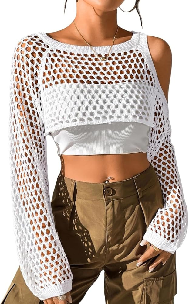 ChiaoLezhee Women's 2000s Crochet Crop Top, Cold Shoulder Fishnet Shrug Sweater for Summer Music ... | Amazon (US)