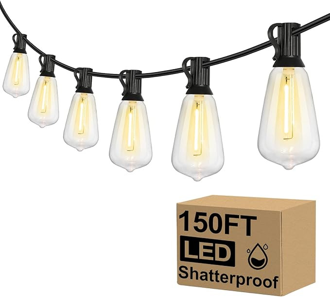 Brightever Outdoor String Lights 150FT, Patio Lights with 75+2 Dimmable ST38 Shatterproof LED Bul... | Amazon (US)