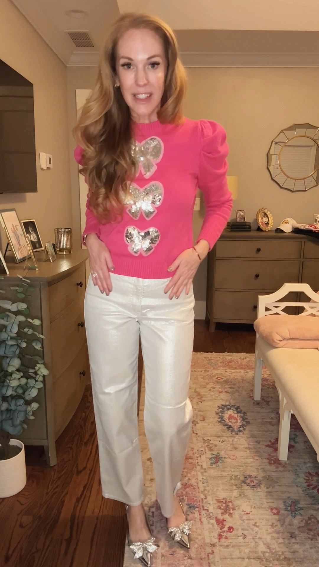 How cute are these metallic jeans from Old Navy?! These are the OG straight style and they run TTS (I’m in a 4). They are perfect with the silver bow kitten heels from Target! 
Holiday party ready! 🩷

#LTKVideo #LTKSeasonal #LTKHoliday