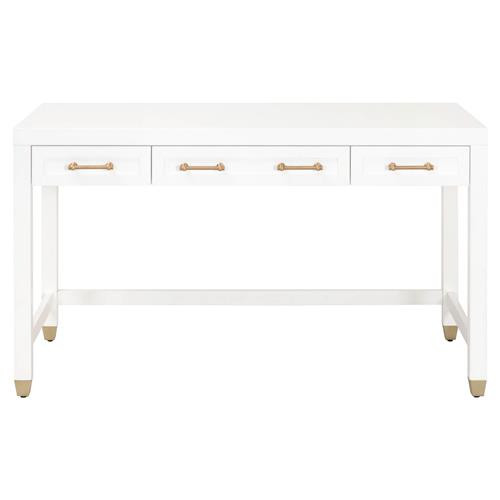 Stacy Modern Classic Matte White Wood 3 Drawer Brass Accent Desk | Kathy Kuo Home