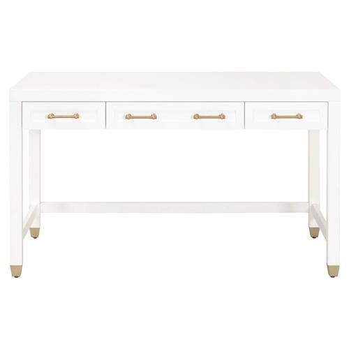Stacy Modern Classic Matte White Wood 3 Drawer Brass Accent Desk | Kathy Kuo Home
