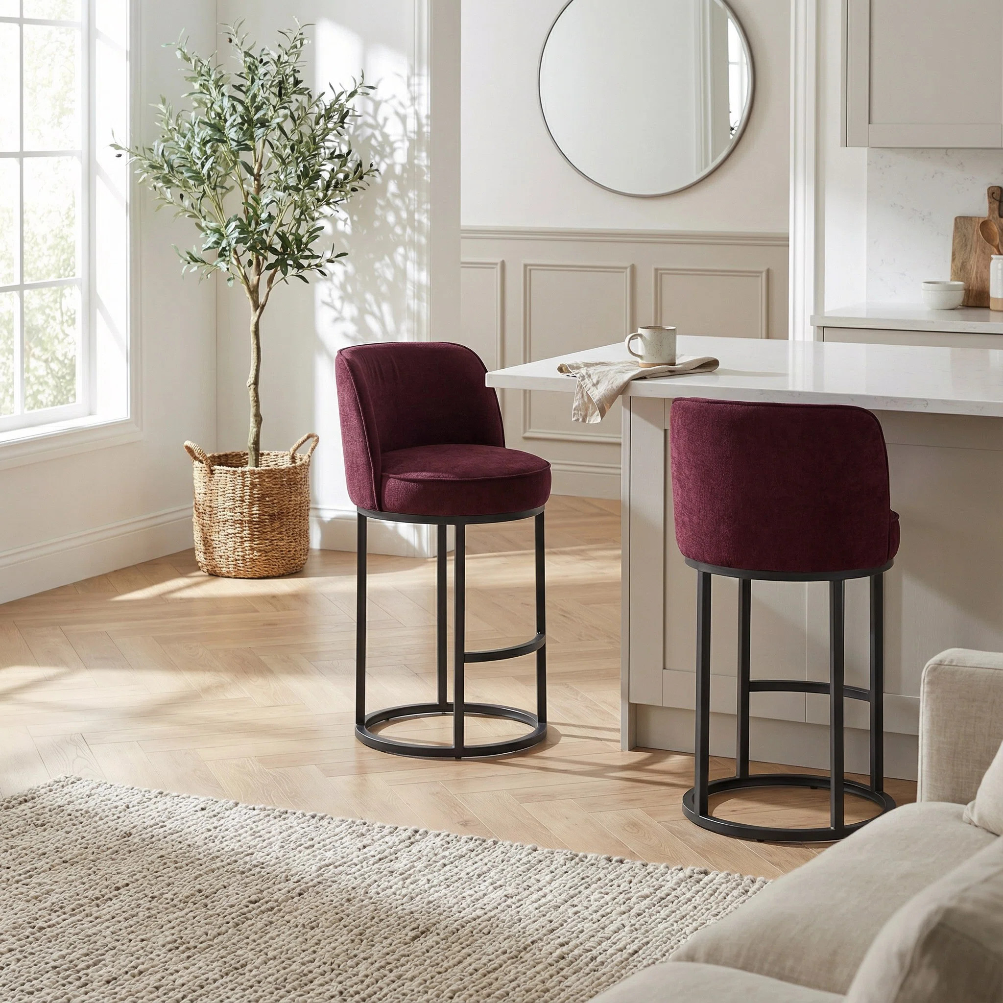 Set of 2 Modern Barrel Counter Stools with Backrest, Linen Upholstered Kitchen Island Bar Stools,... | Wayfair North America
