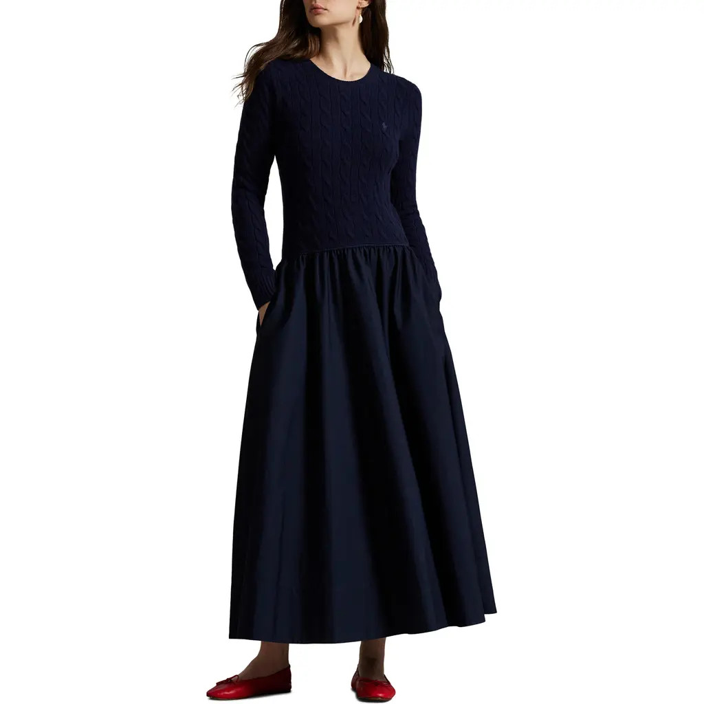 Polo Ralph Lauren Mixed Media Cable Stitch Long Sleeve Maxi Dress in Hunter Navy at Nordstrom, Size Large | Nordstrom