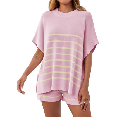 Imily Bela Women's Striped 2 Piece Outfits Oversized Batwing Short Sleeve Tops High Waisted Shorts Summer Knit Lounge Short Sets Pink XXL | Target