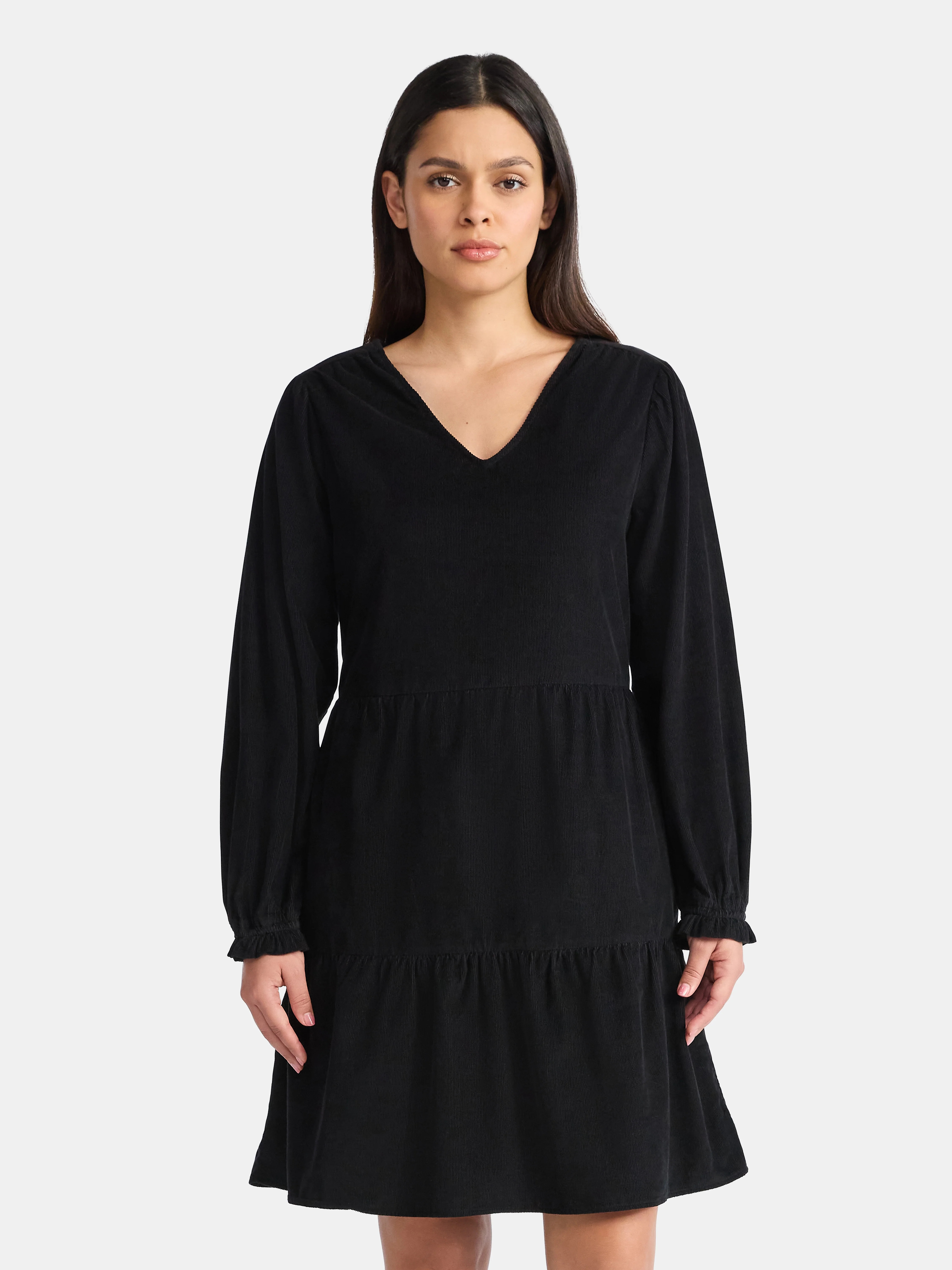 Time and Tru Women's Tiered Corduroy Dress with Long Sleeves, Sizes XS-XXXL | Walmart (US)