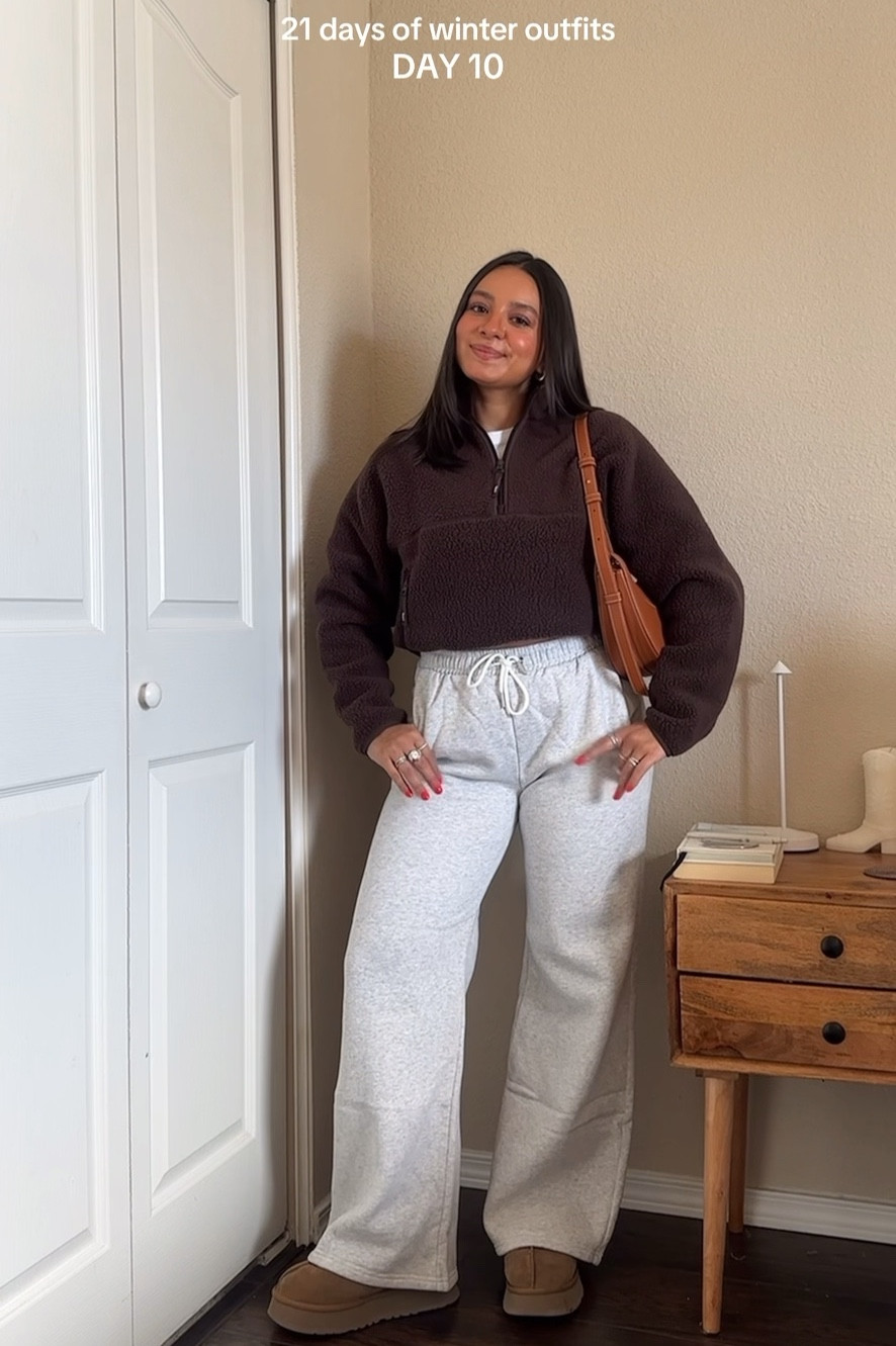 cozy + comfy winter outfit🤎🧸 — (wearing sweats in size small + tee in size x-small + zip up in size small) — bag is Polene numero dix👜

#LTKSeasonal #LTKHoliday #LTKStyleTip