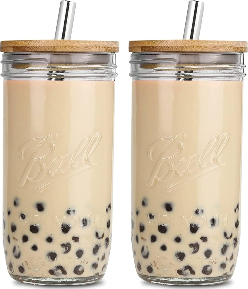 Reusable Boba Cup Smoothie Tumbler Glass Bubble Tea Cup, 2 Pack Wide Mouth 22oz Iced Coffee Glass... | Amazon (CA)