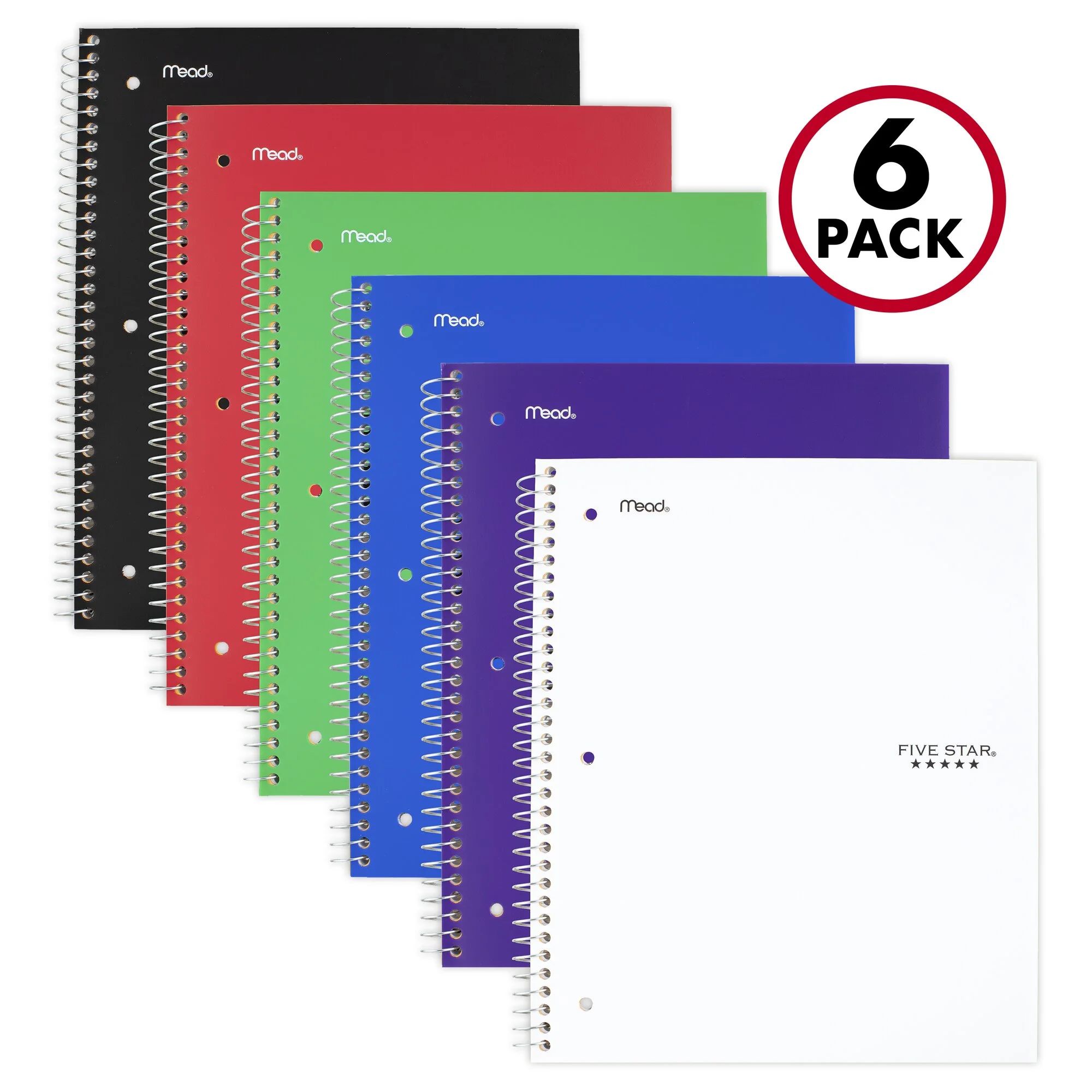 Five Star Wirebound Notebook, 1 Subject, Wide Ruled, 10 1/2" x 8", Assorted, 6 Pack (38042) - Wal... | Walmart (US)