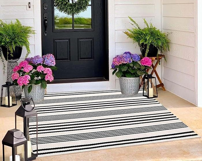 BUAGETUP Black and White Outdoor Rug 3'x 5' Hand-Woven Cotton Washable Rug Striped Front Porch Ru... | Amazon (US)