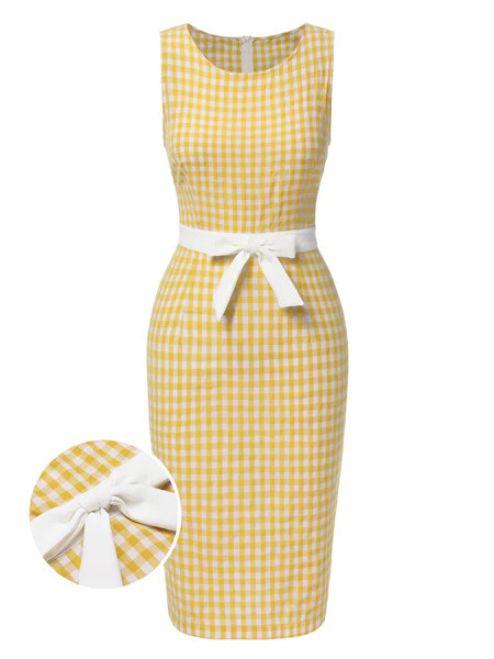 Yellow 1960s Round Neck Gingham Bow Sleeveless Dress | Retro Stage