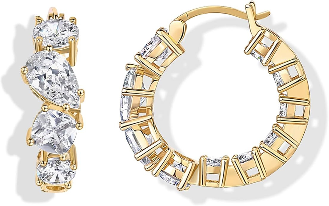 PAVOI 14K Gold Plated Cubic Zirconia Hoop Earrings for Women - Bridal CZ Hoop Earrings with Simul... | Amazon (US)