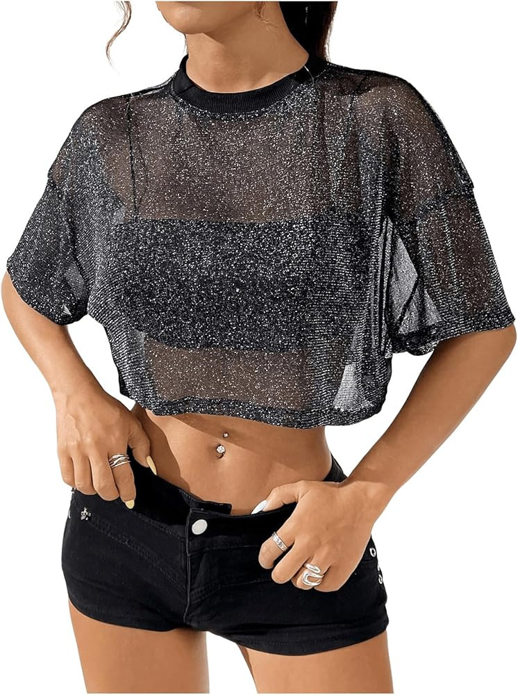 Women's Rhinestone Sheer Mesh Tee Shirt Short Sleeve Drop Shoulder Crewneck Crop Tops | Amazon (US)